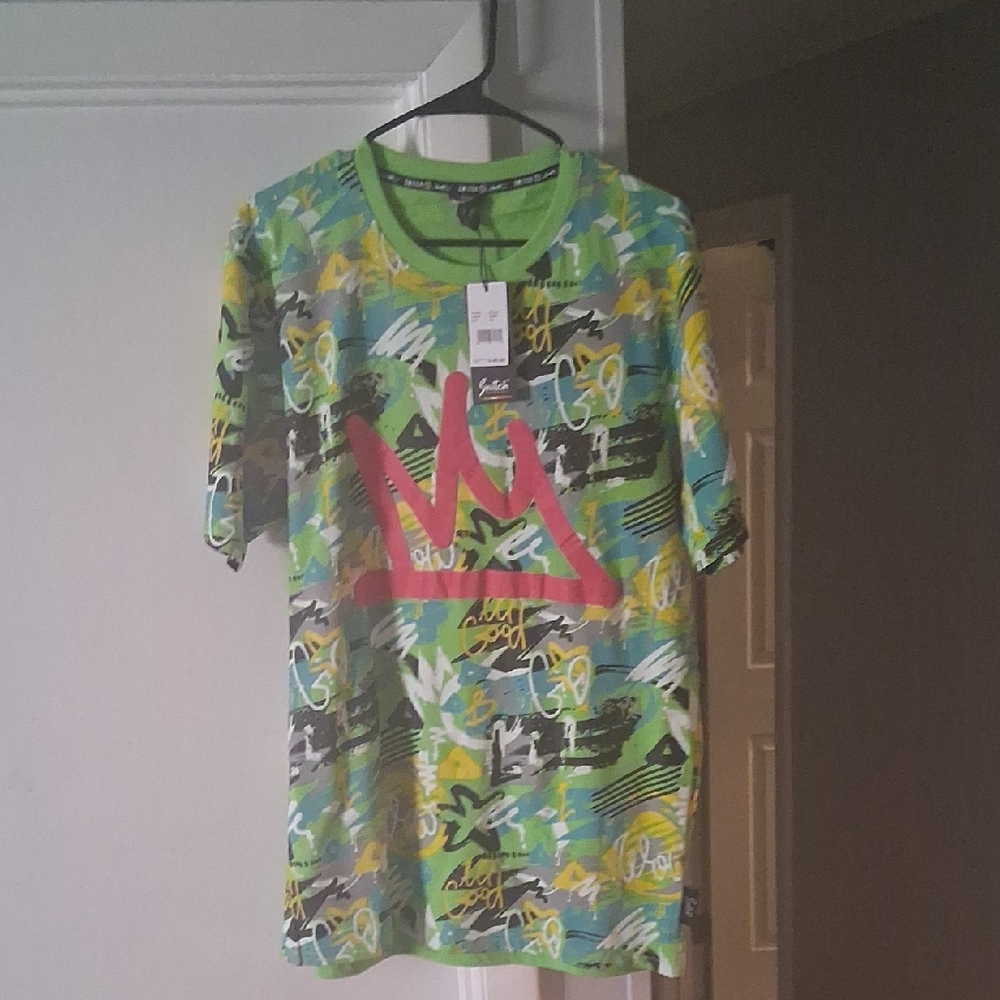 Graphic Short Sleeve Tee with Pink Crown Print - Green Multi